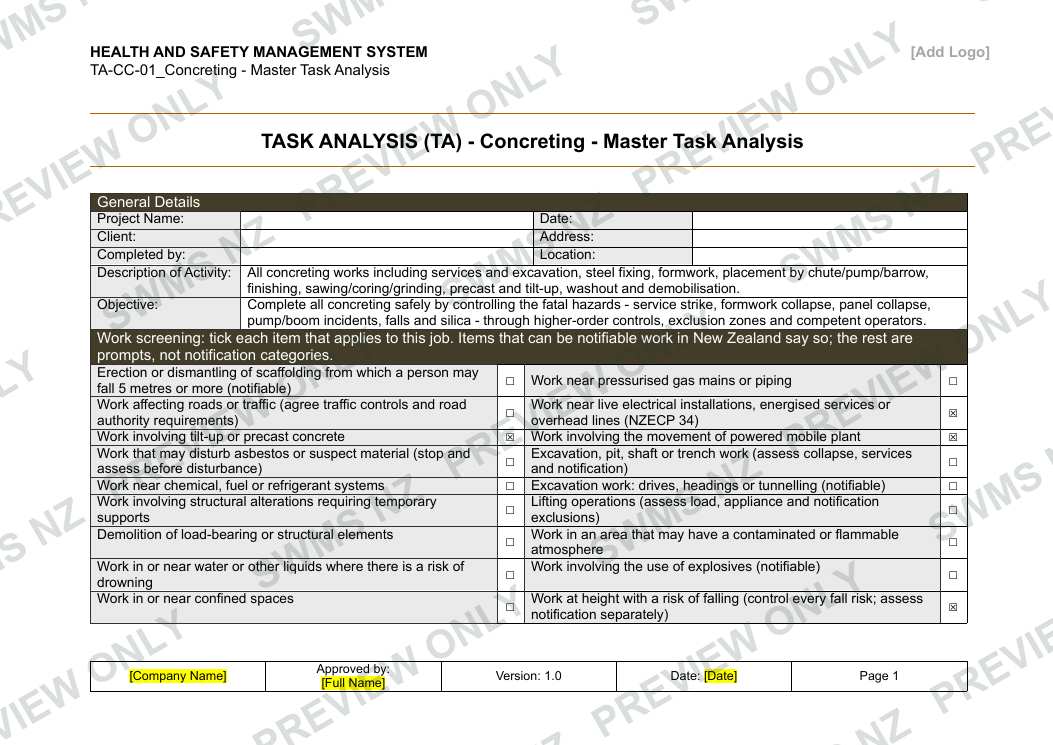 Concreting - Master Task Analysis, page 1 of 6