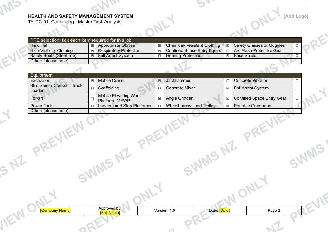 Concreting - Master Task Analysis, page 2 of 6