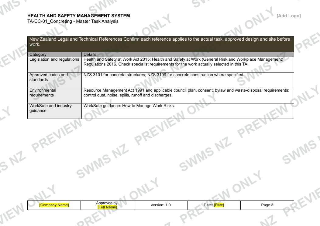 Concreting - Master Task Analysis, page 3 of 6