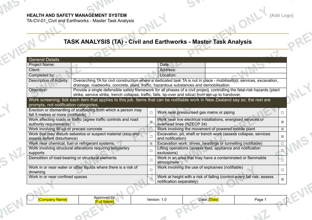Civil and Earthworks - Master Task Analysis, page 1 of 6