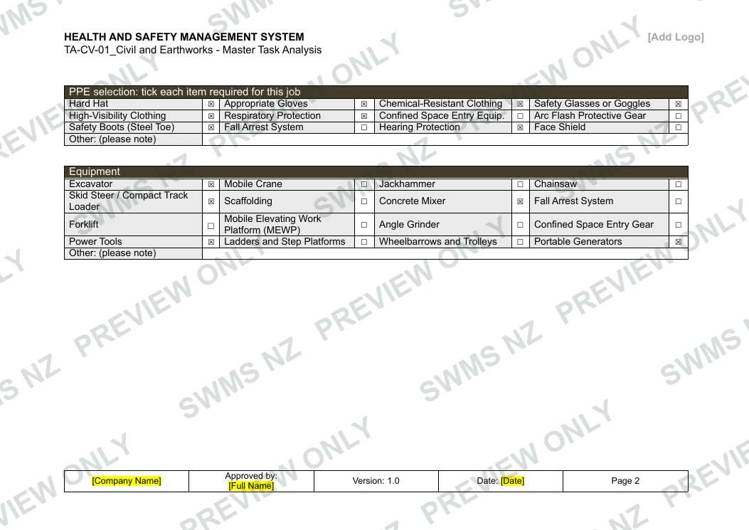Civil and Earthworks - Master Task Analysis, page 2 of 6