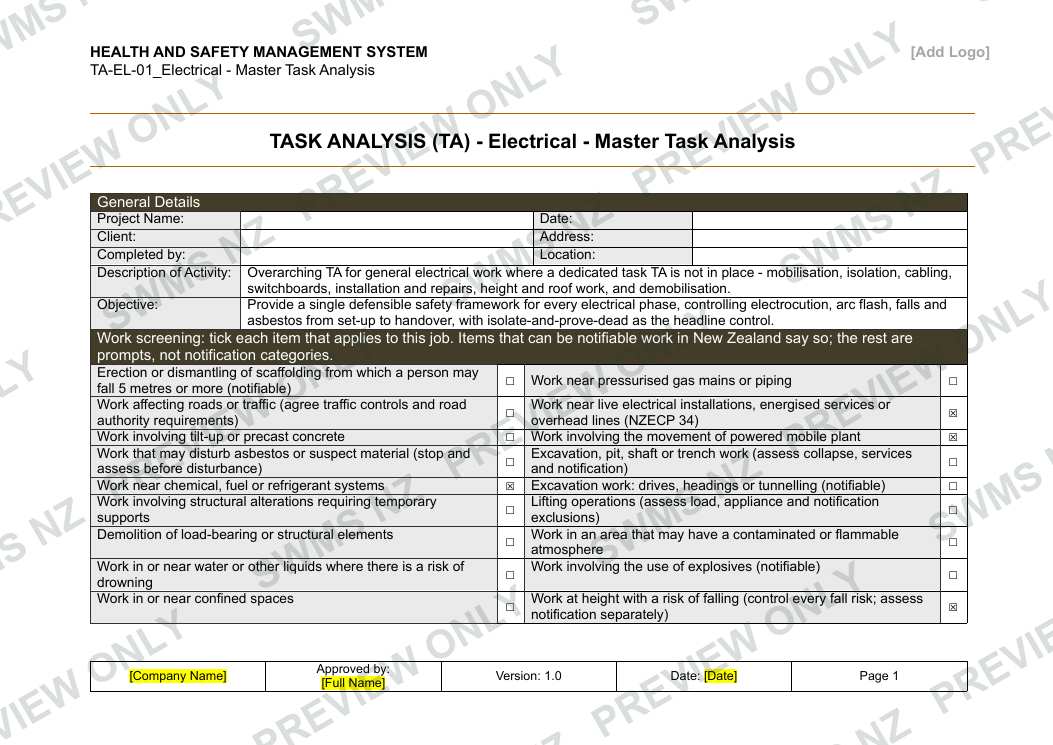 Electrical - Master Task Analysis, page 1 of 6