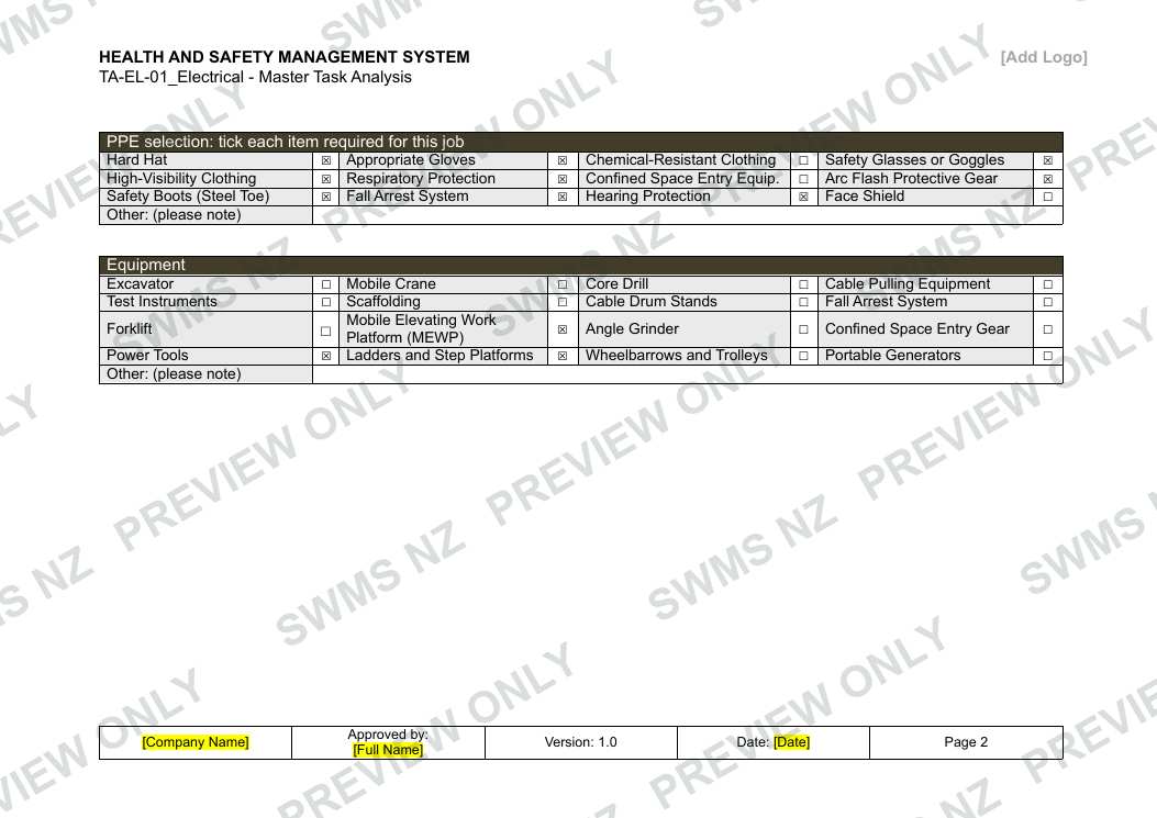 Electrical - Master Task Analysis, page 2 of 6