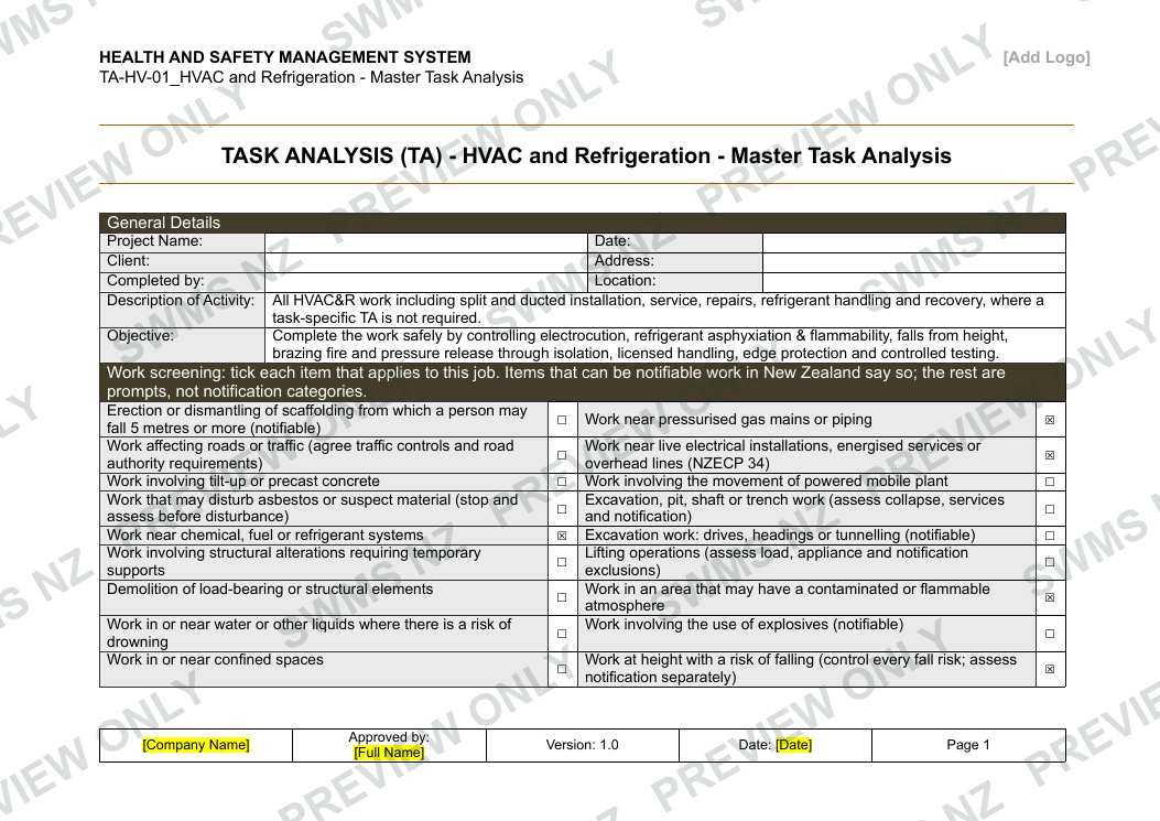 HVAC and Refrigeration - Master Task Analysis, page 1 of 6