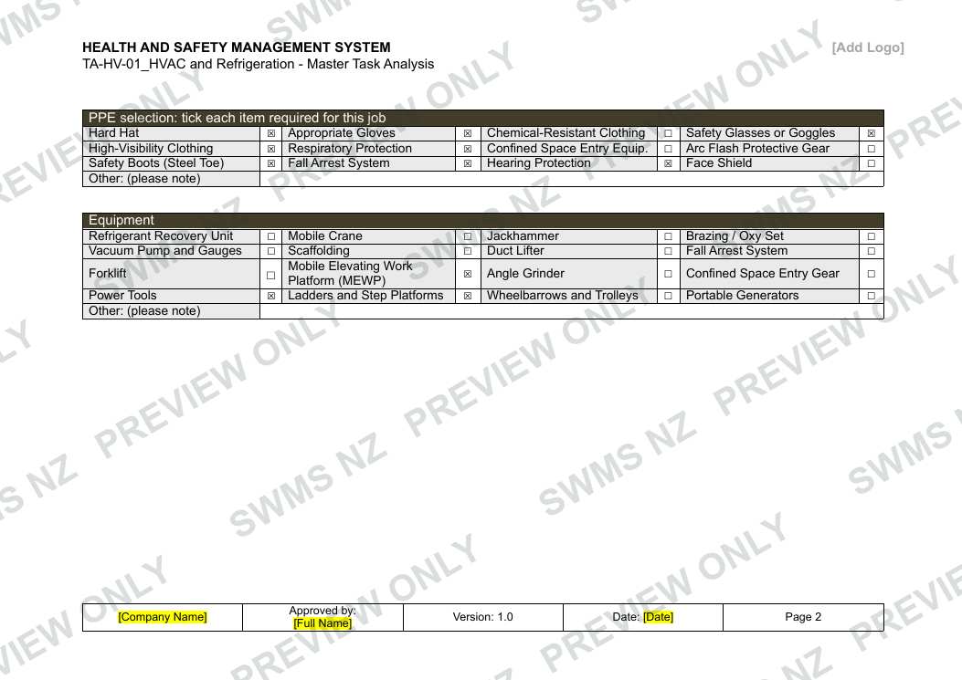 HVAC and Refrigeration - Master Task Analysis, page 2 of 6