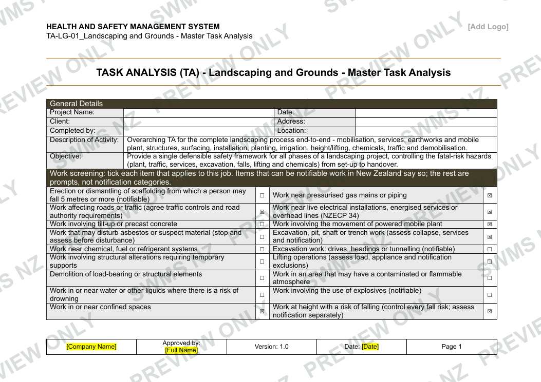Landscaping and Grounds - Master Task Analysis, page 1 of 6