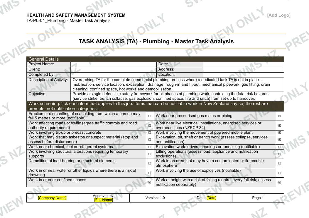 Plumbing - Master Task Analysis, page 1 of 6