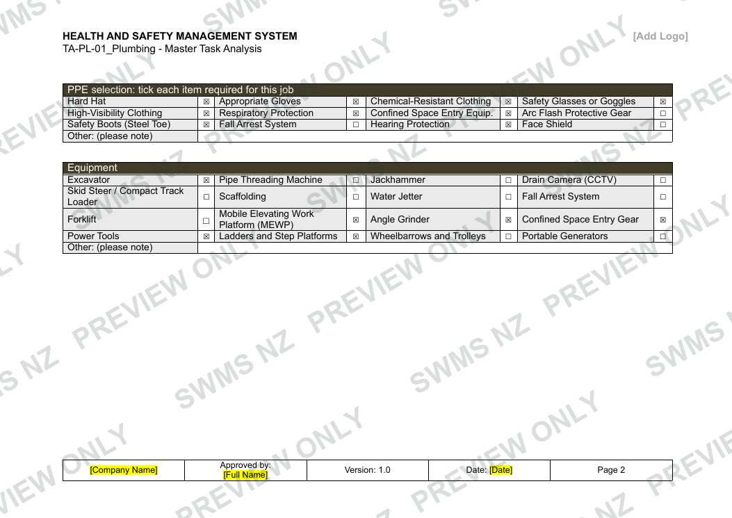 Plumbing - Master Task Analysis, page 2 of 6