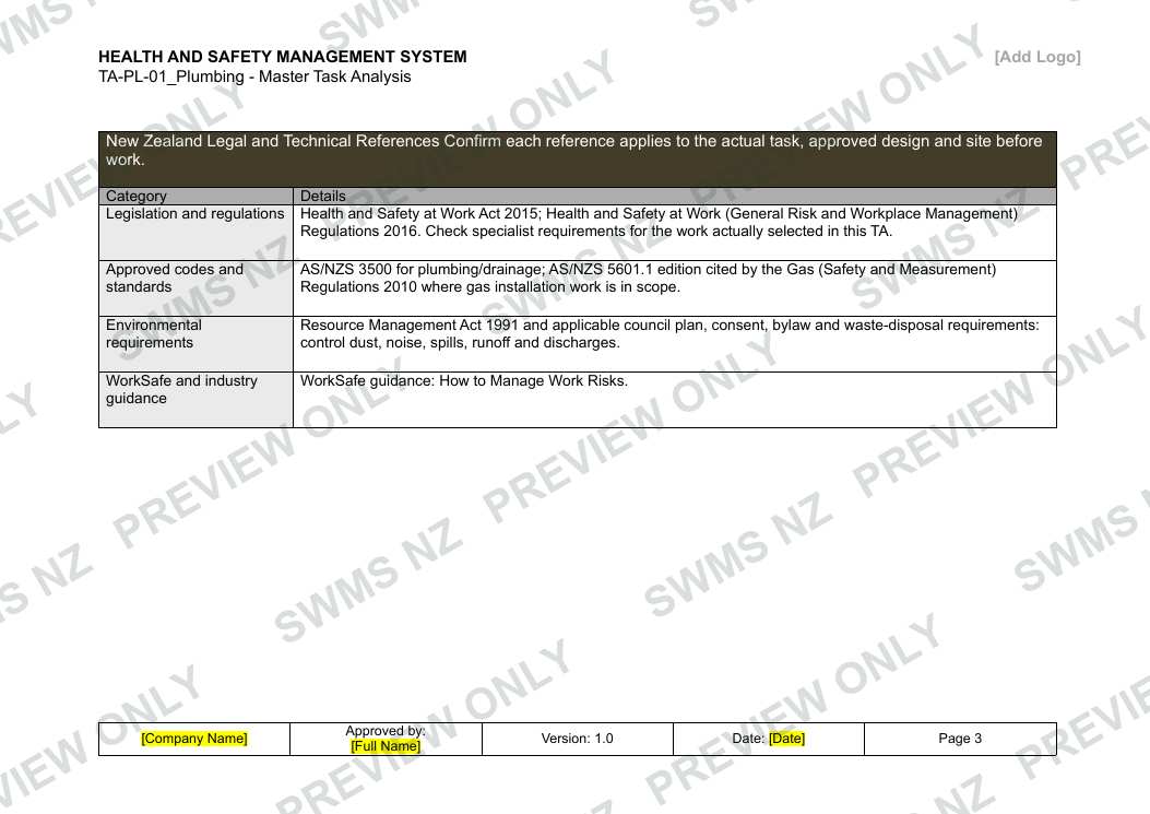 Plumbing - Master Task Analysis, page 3 of 6