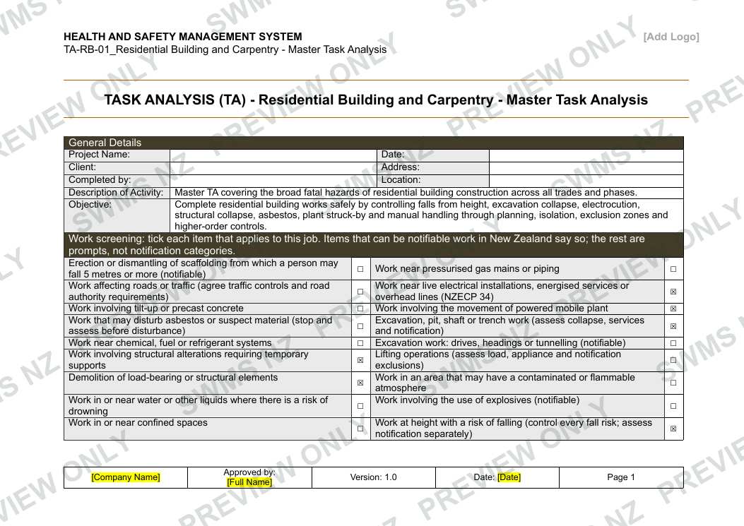 Residential Building and Carpentry - Master Task Analysis, page 1 of 6