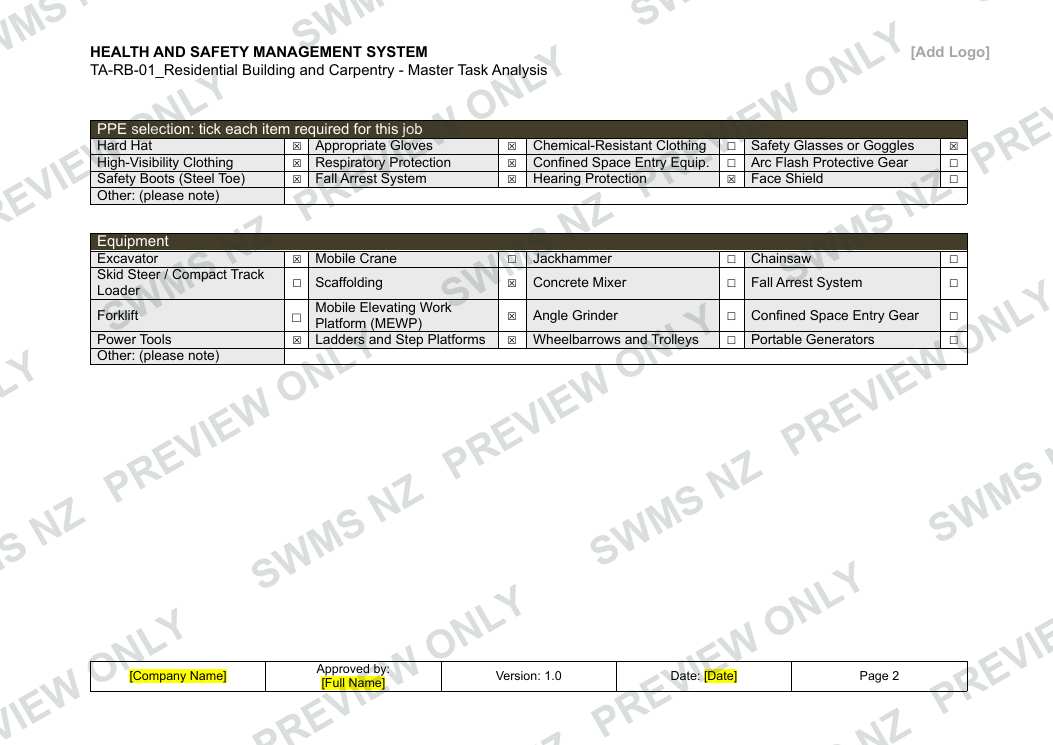 Residential Building and Carpentry - Master Task Analysis, page 2 of 6