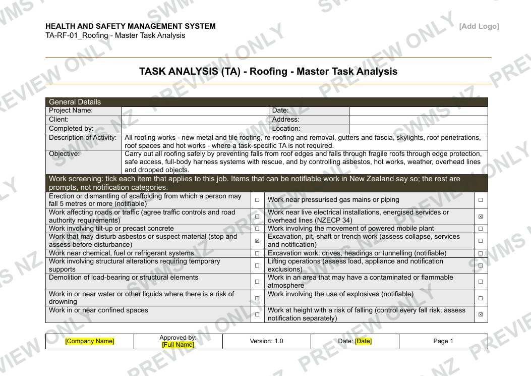 Roofing - Master Task Analysis, page 1 of 6