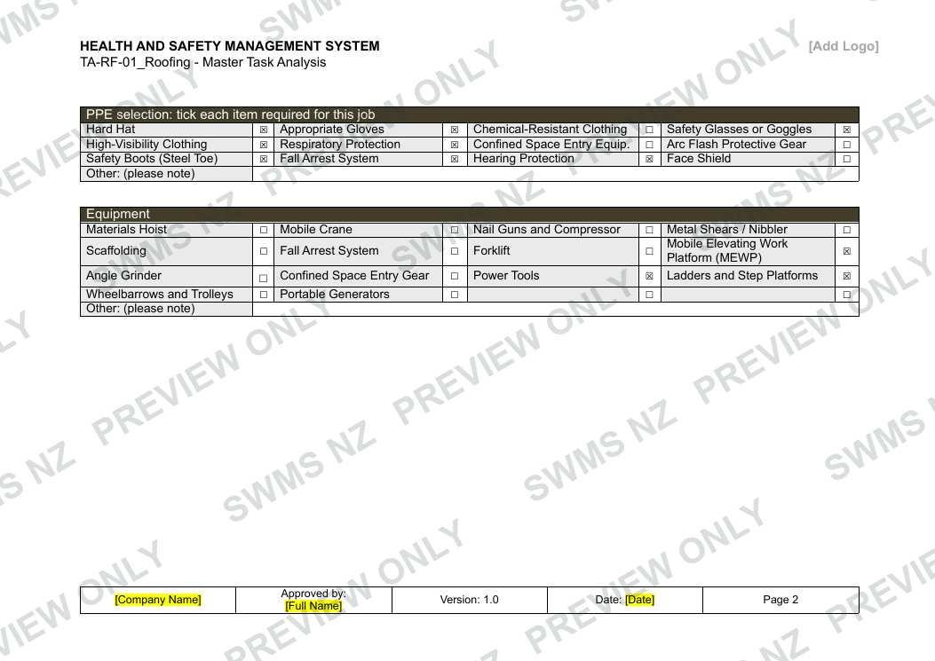 Roofing - Master Task Analysis, page 2 of 6