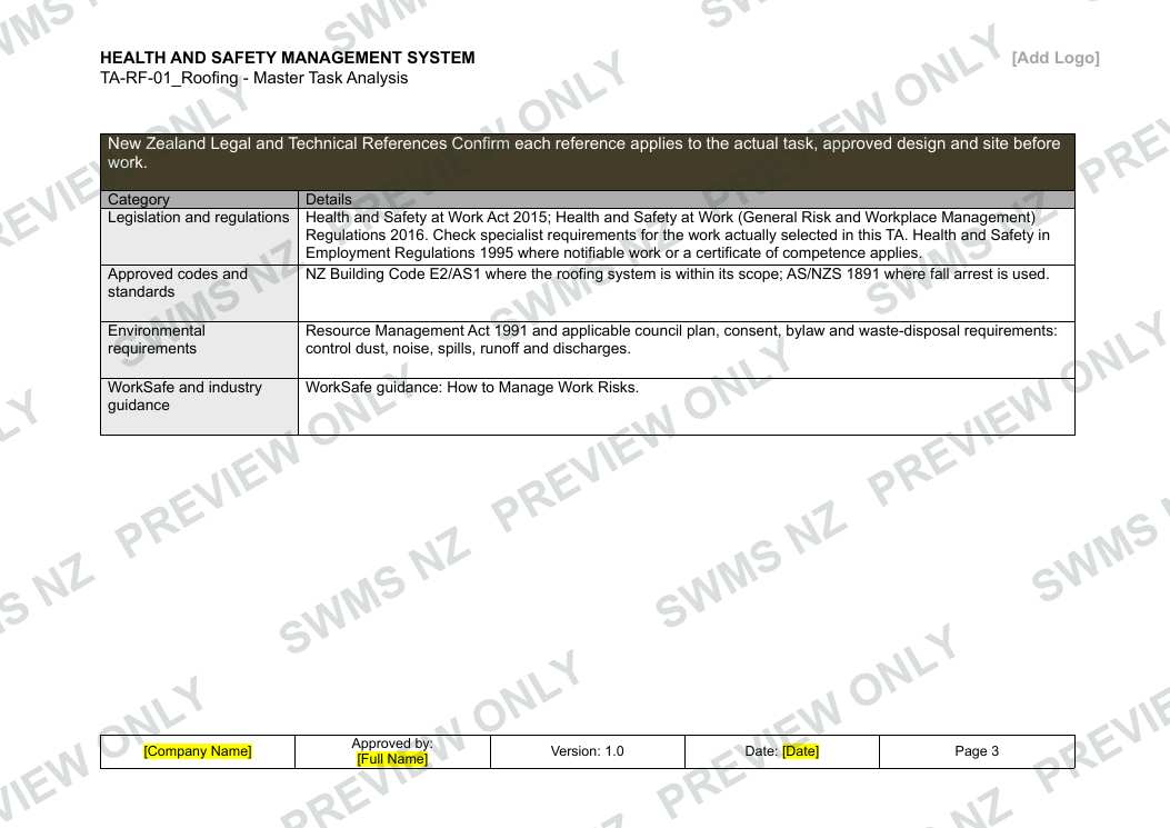 Roofing - Master Task Analysis, page 3 of 6
