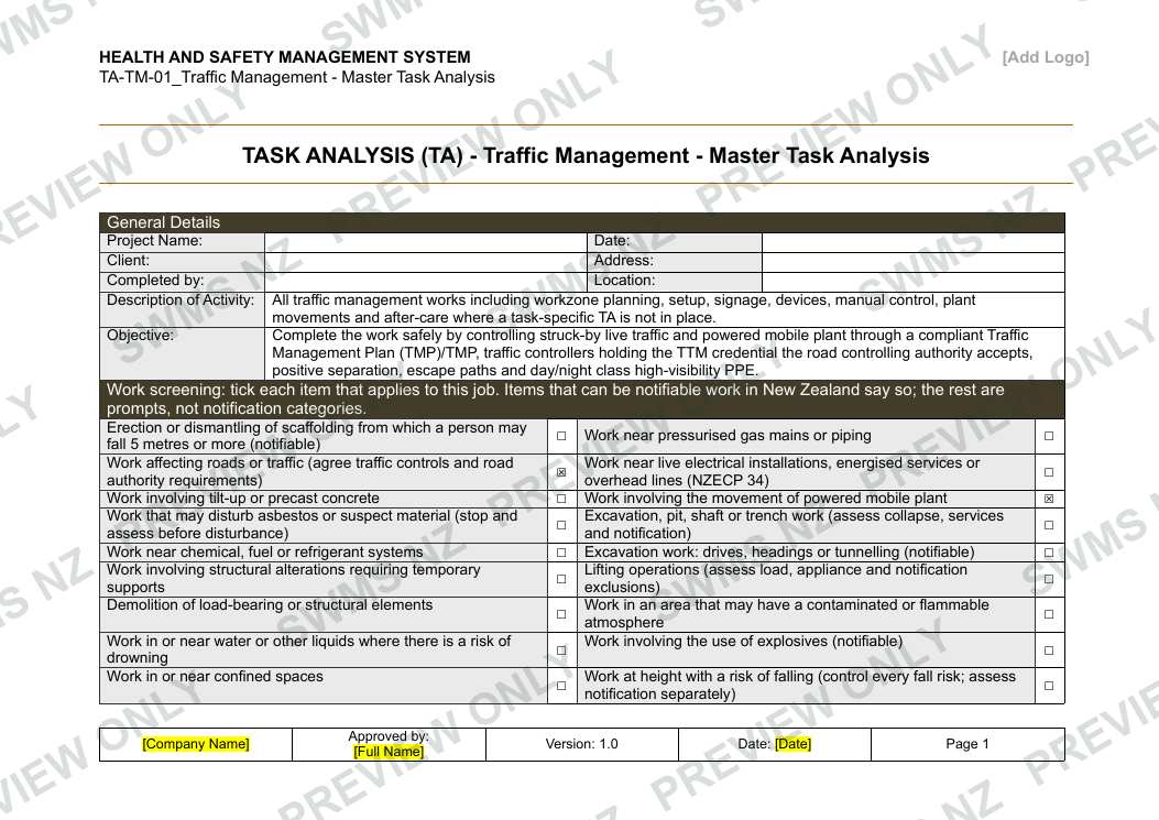 Traffic Management - Master Task Analysis, page 1 of 6